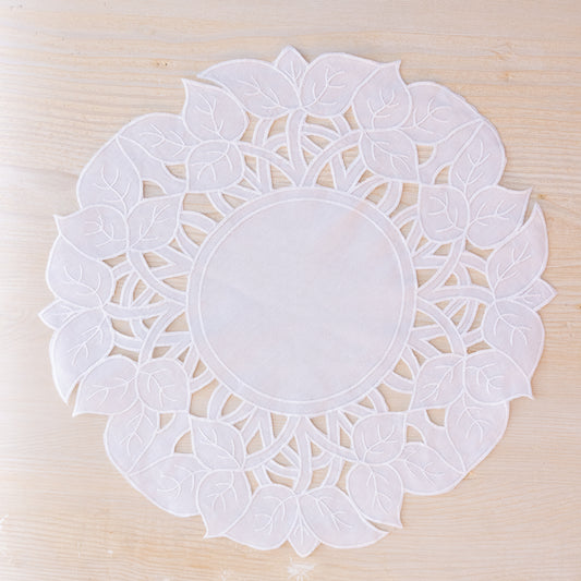 White Leaf Round Hand Embroidered Placemats - Set of 4